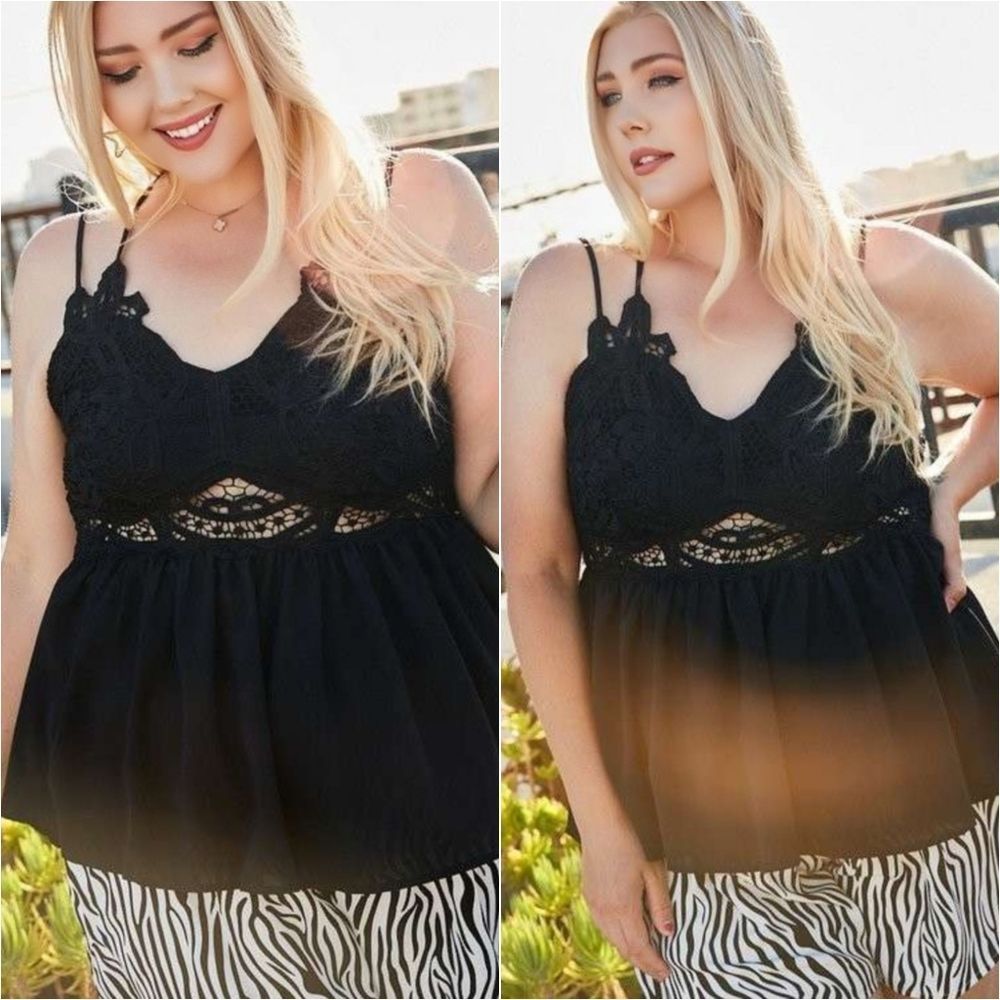 Double Strap Lace Trim Top - Black